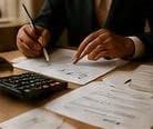 Tax forms and a calculator on a desk